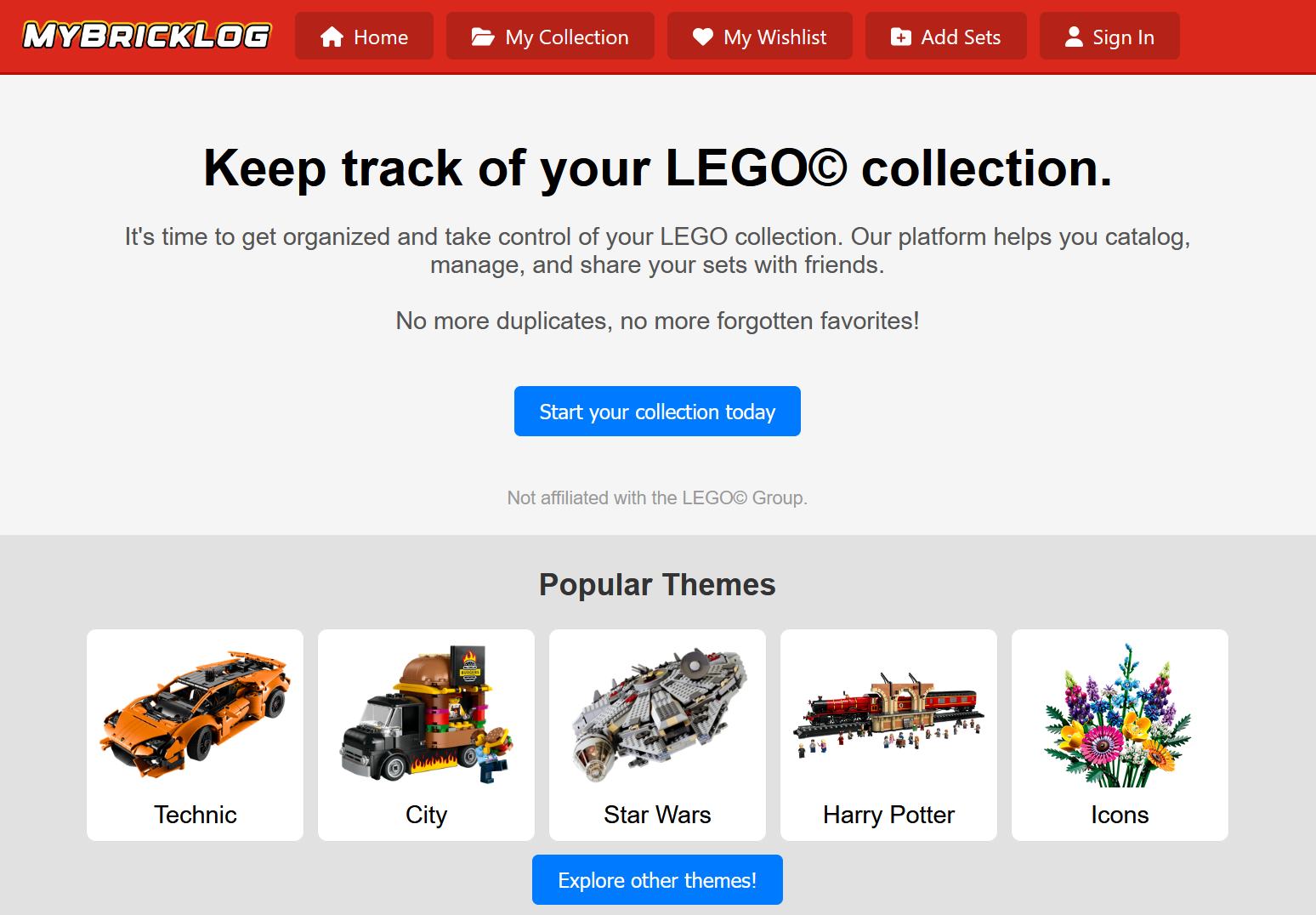 Screenshot of MyBrickLog website.